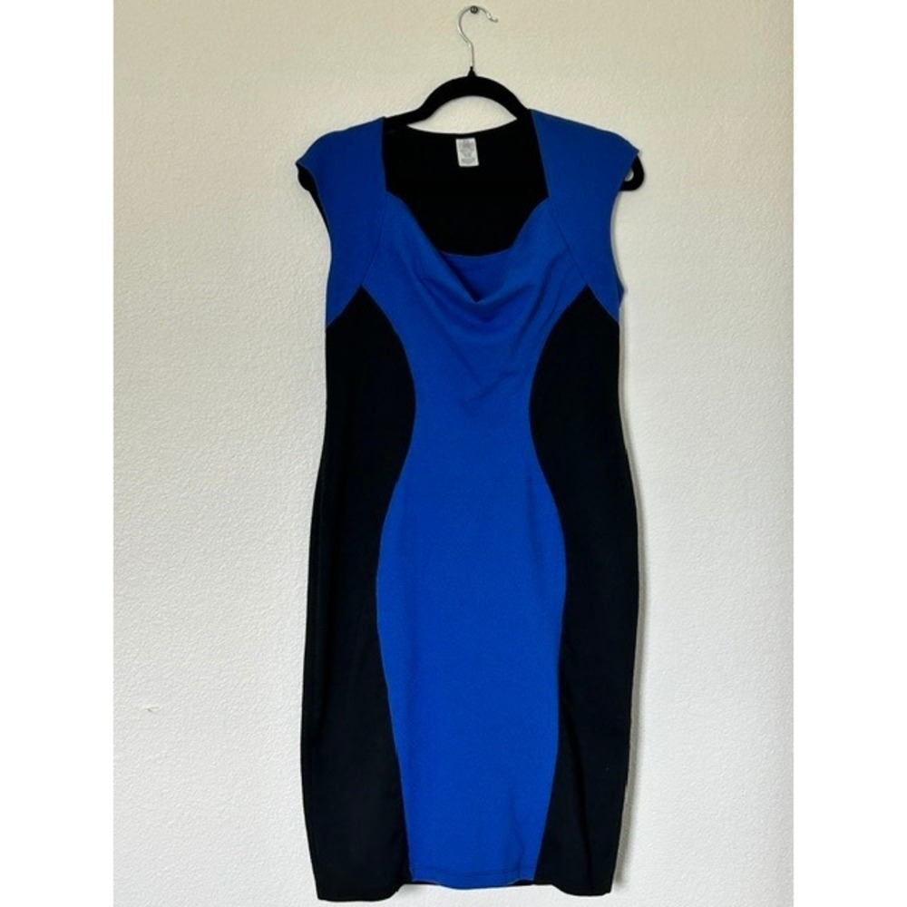 Womens M Blue Black Colorblock Bodycon Dress Hourglass Bombshell Pinup Glam